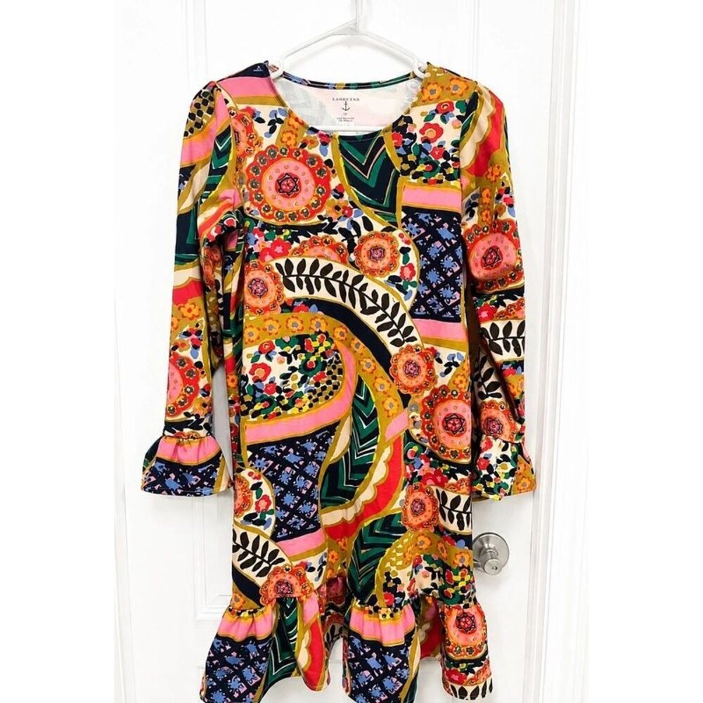 Lands’ End Girls Size 12 Plus Colorful Boho Print Ruffle Hem Dress
